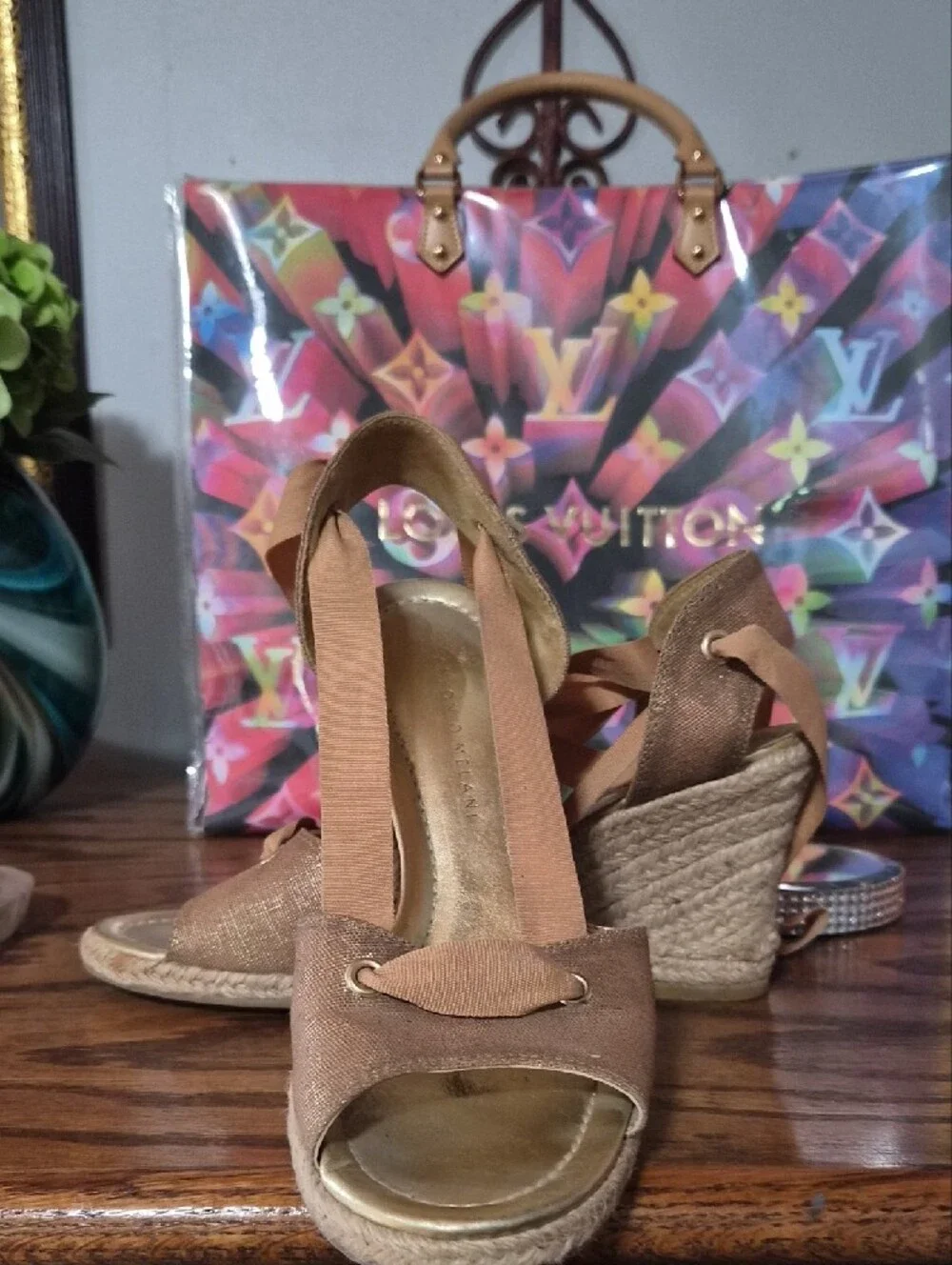 ANTONIO MELANI Tan Lace-Up Espadrille Wedge Sandals